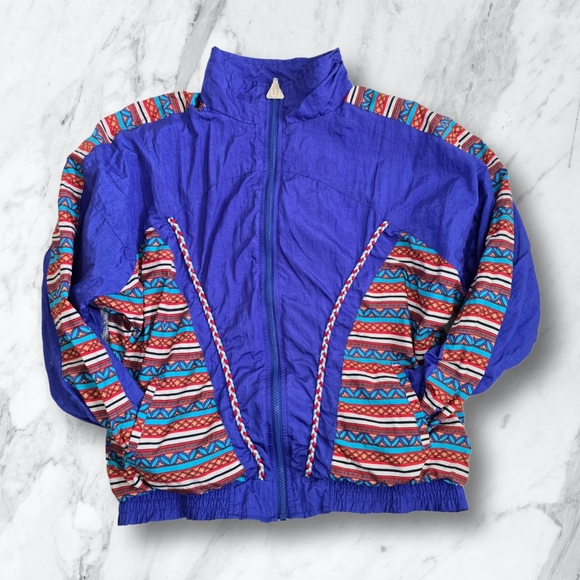Vintage 90s Wilson Retro Blue Funky Print Windbreaker Full Zip Jacket Large - Picture 15 of 15